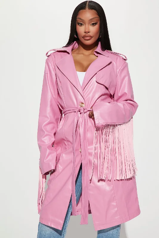 Party In The Back Fringe Trench Coat - Pink