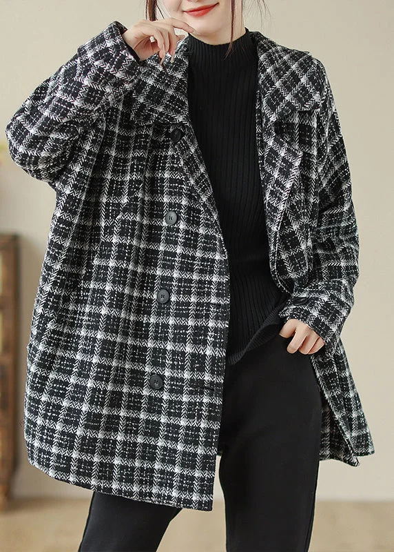 Plus Size Black Plaid Peter Pan Collar Pockets Woolen Jacket Fall