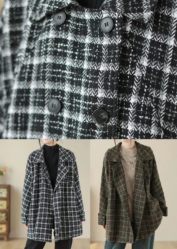 Plus Size Black Plaid Peter Pan Collar Pockets Woolen Jacket Fall