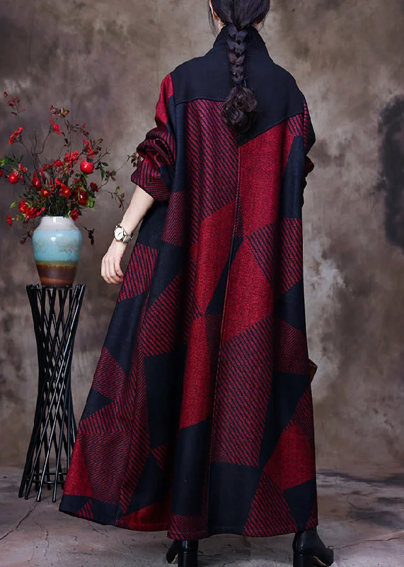 Plus Size Mulberry Stand Collar Asymmetrical Patchwork Button Woolen Maxi Coat Long Sleeve