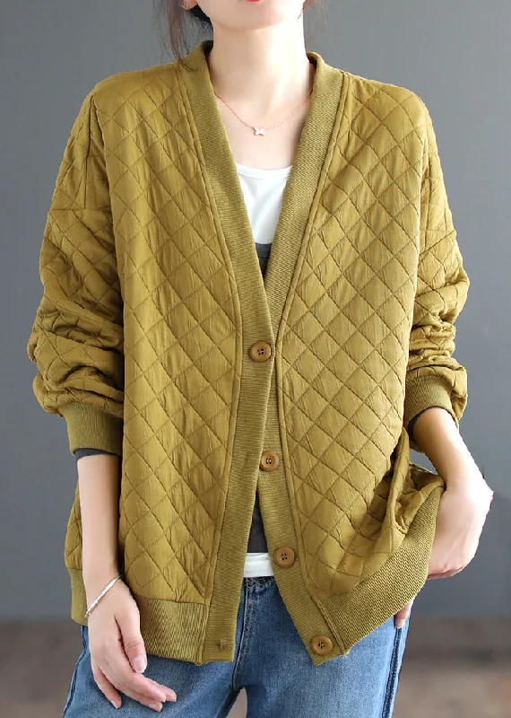 Plus Size Yellow V Neck Button Cotton Cardigan Coats Fall