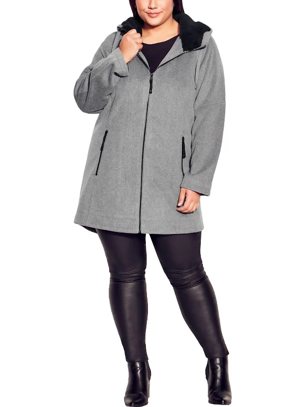 Plus Womens Faux Fur Lined Hood Long Sleeves Walker Coat