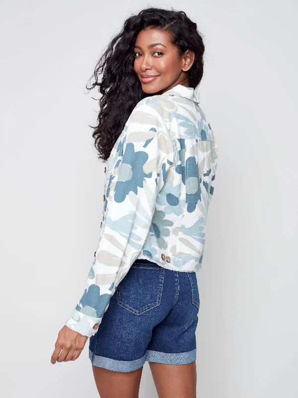 Printed Linen Blend Jacket - Basil