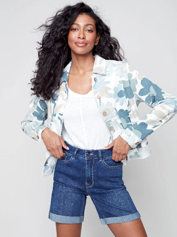 Printed Linen Blend Jacket - Basil