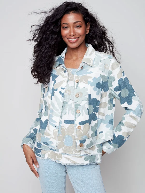 Printed Linen Blend Jacket - Basil