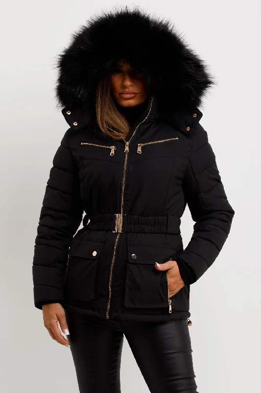 Puffer Coat With Fur Hood And Belt Black