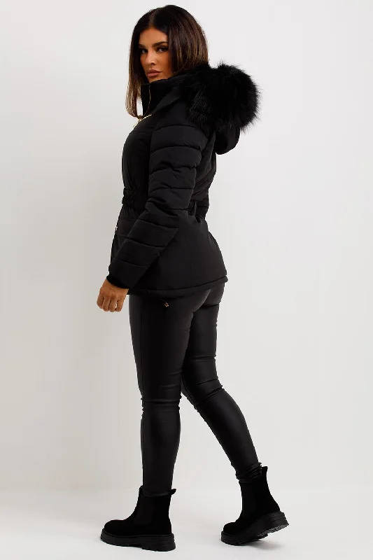 Puffer Coat With Fur Hood And Belt Black