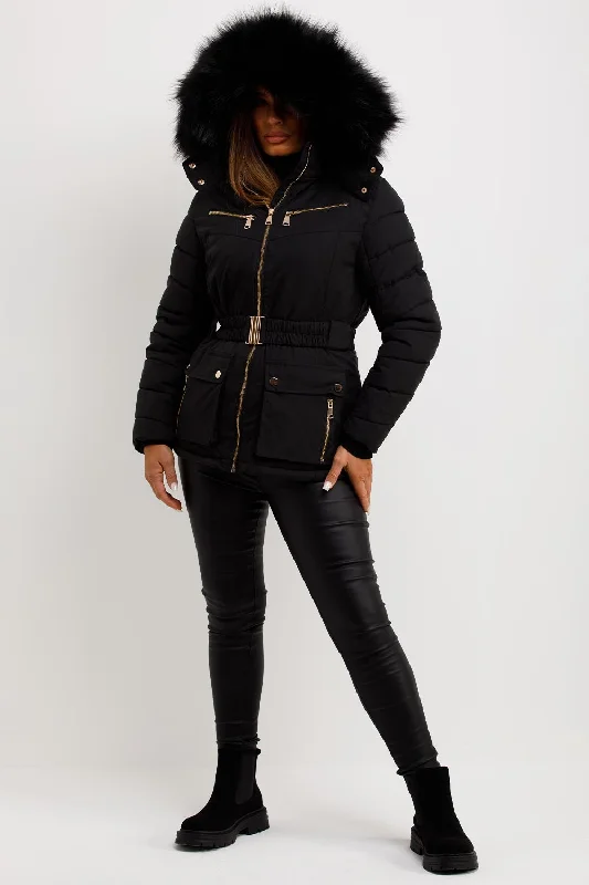 Puffer Coat With Fur Hood And Belt Black