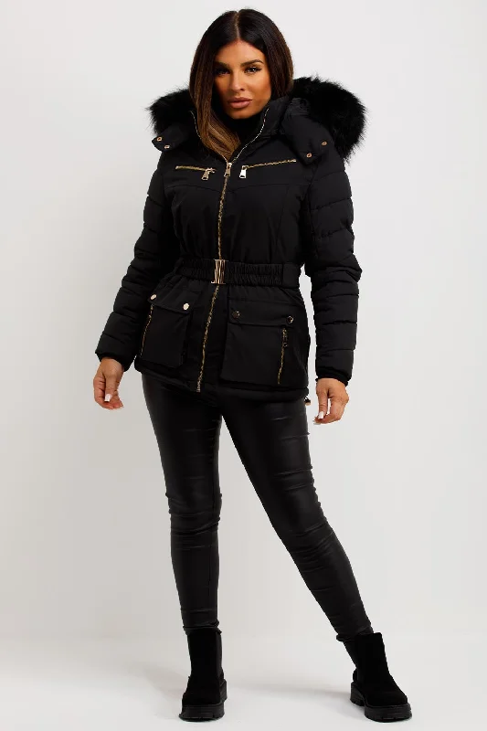 Puffer Coat With Fur Hood And Belt Black