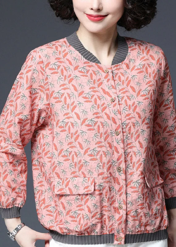 Red Button Pockets Print Coat Long Sleeve