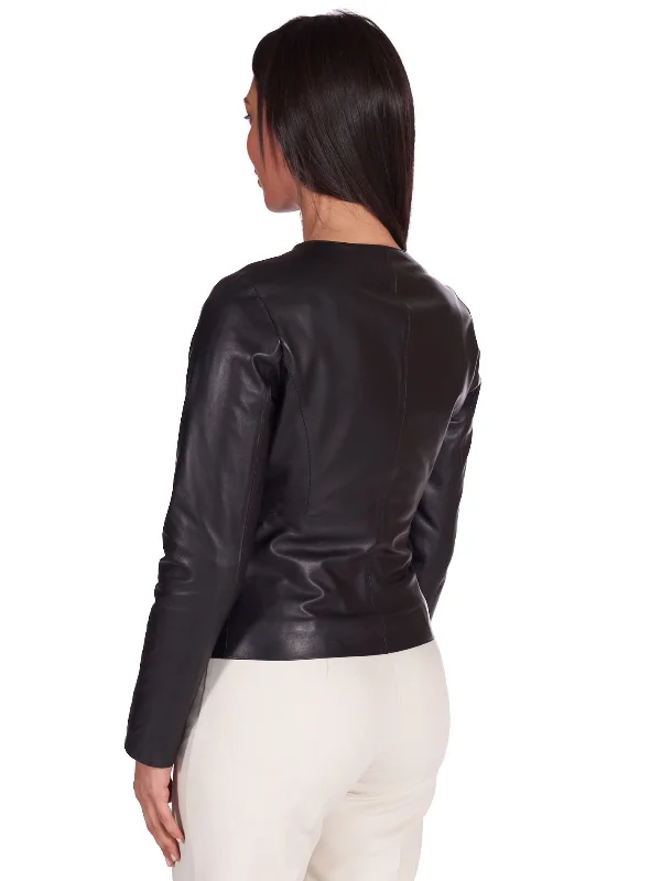 Round Snap Collar Black Biker Jacket for Women's - Boneshia