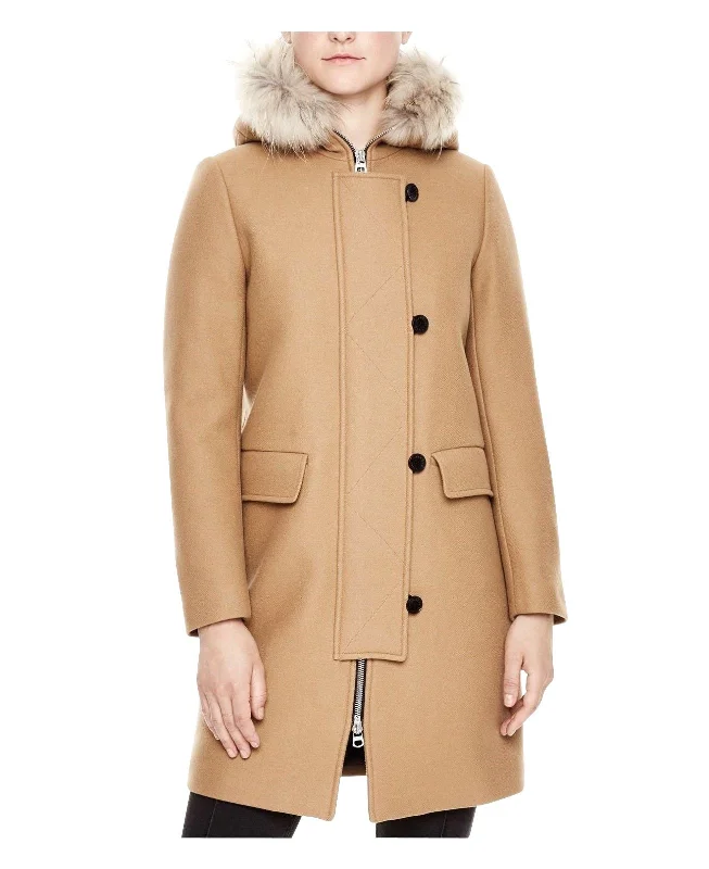 Sandro Women's Camel Kurt Wool Coat Fur Trim Women's Hood