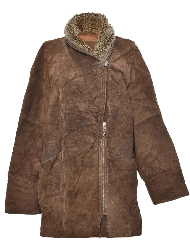 Shearling Lined Dark Brown Coat - L