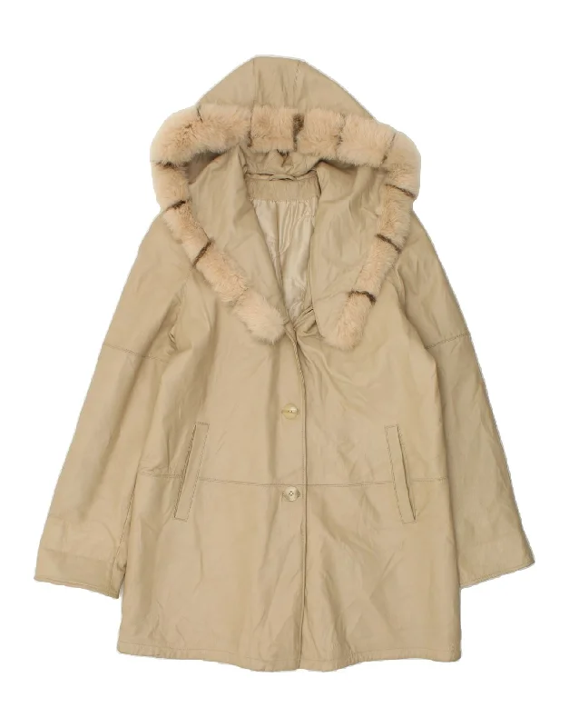 SQUERO Womens Hooded Leather Coat IT 46 Large Beige Leather