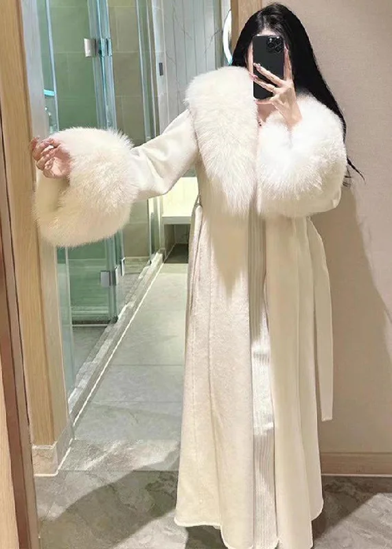 Style White Tie Waist Fur Collar Patchwork Woolen Coats Winter