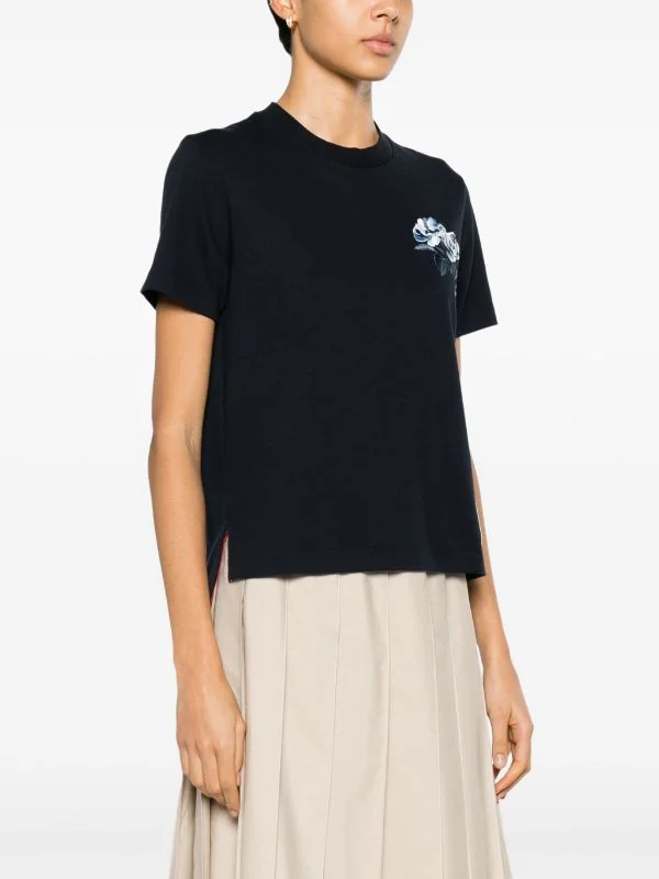 THOM BROWNE Women Short Sleeve Tee W/Rose Emb In Med Weight Jersey