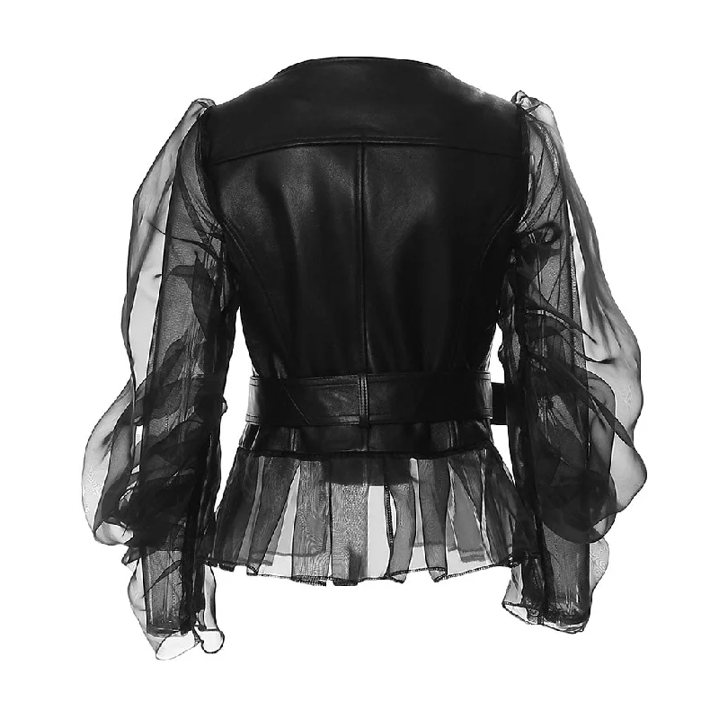 Unique Mesh Panel Puff Sleeve Zip Up Belted Vegan Leather Jacket