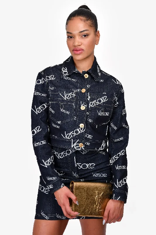 Versace Blue Logo Printed Denim Jacket Size 42