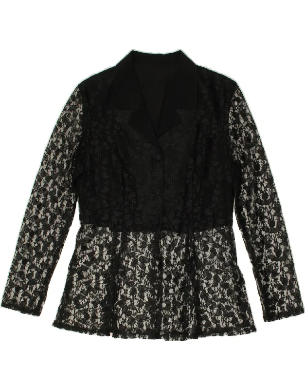 VINTAGE Womens 3 Button Blazer Jacket UK 14 Large Black Floral Viscose