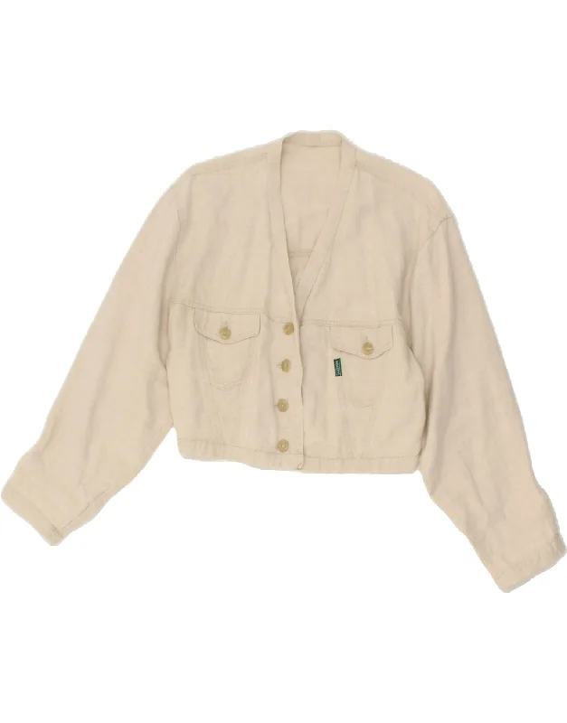 VINTAGE Womens Crop Bomber Jacket UK 10 Small Beige Linen