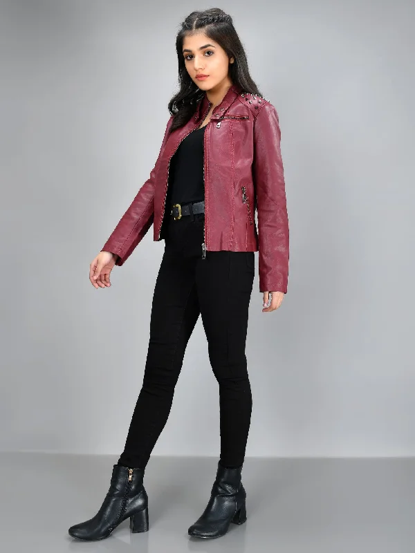 Studded Leather Jacket - Maroon