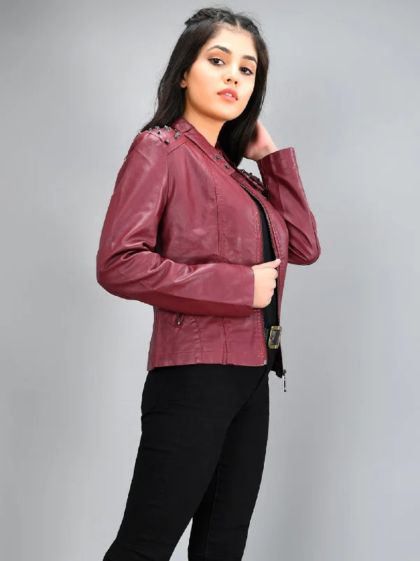 Studded Leather Jacket - Maroon