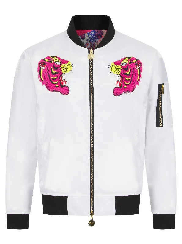 Soot and Ty Hot White Lumiere Reversible Tiger Sukajan Bomber Jacket