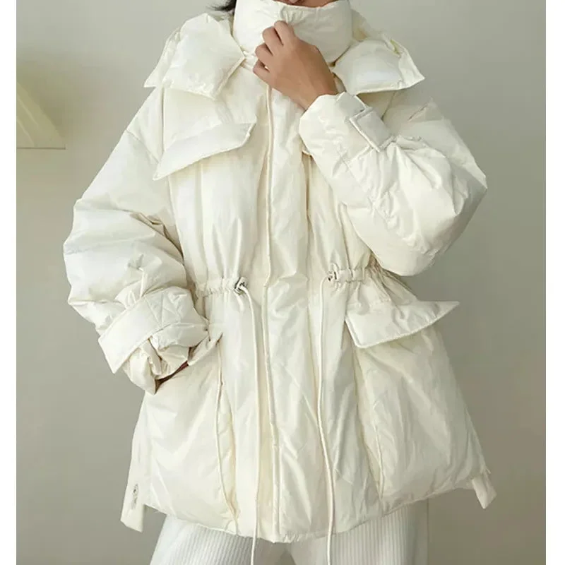 Winter Hooded Parkas Warm Jacket Women Down Cotton Coat Irregular Fluffy Bubble Drawcord Waist Outwear