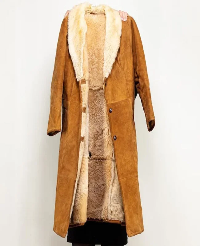 Women Brown Stylish Shearling Trench Coat