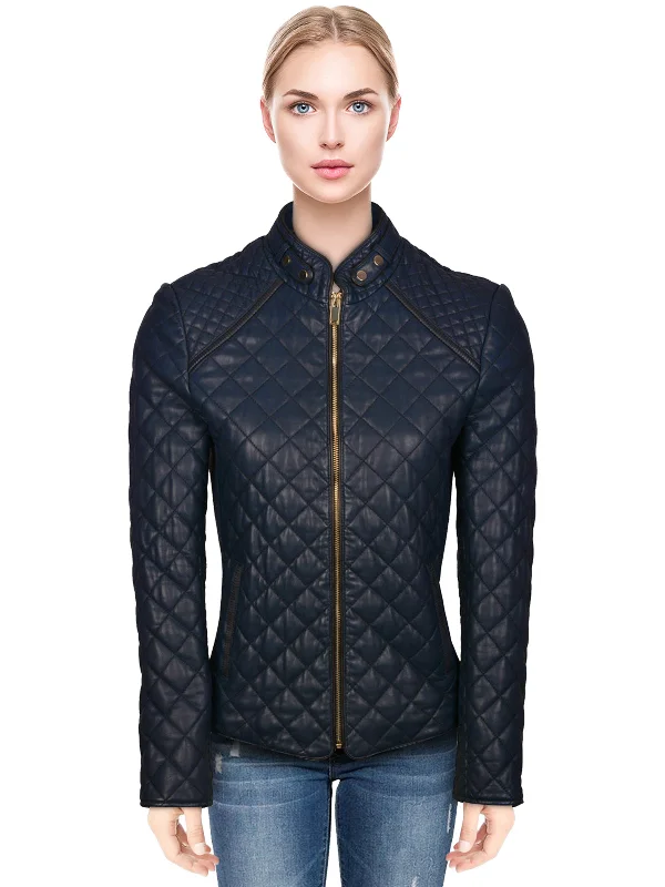 Women Navy Quilted Leather Jacket