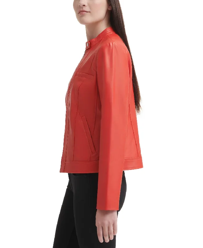 Women Real Leather snap collar leather Jacket in Red