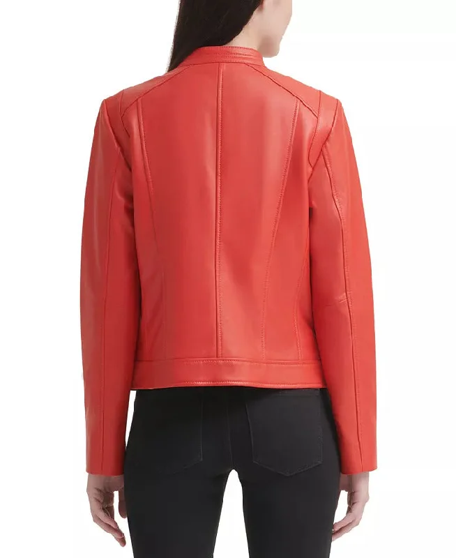 Women Real Leather snap collar leather Jacket in Red