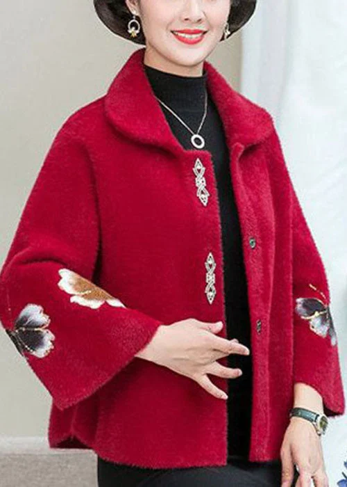 Women Red Embroideried Floral Thick Mink Hair Knitted Coats Winter