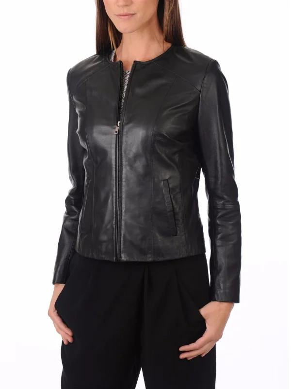 Women's Biker Rib Knit Collar Dark Black Leather Jacket