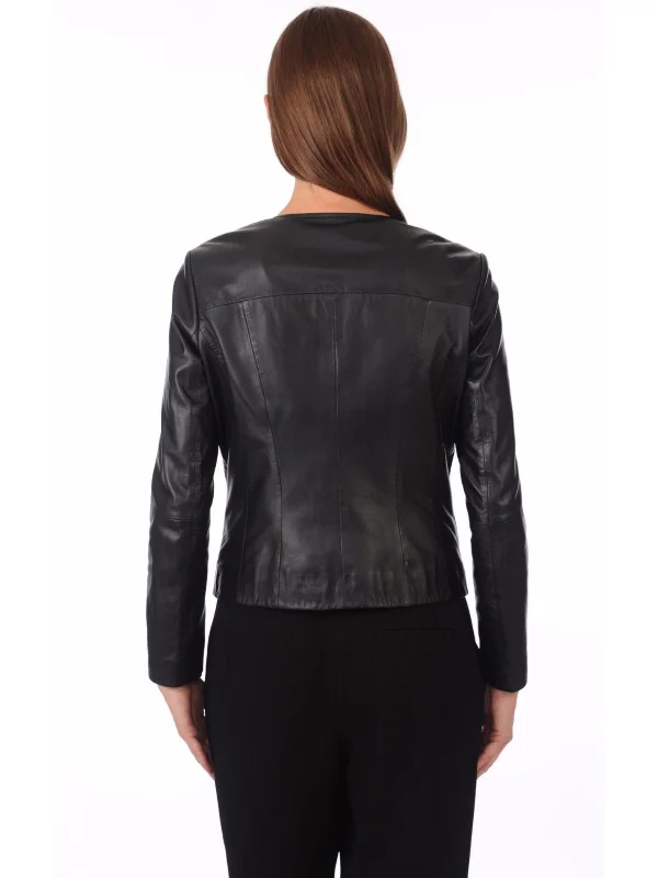 Women's Biker Rib Knit Collar Dark Black Leather Jacket