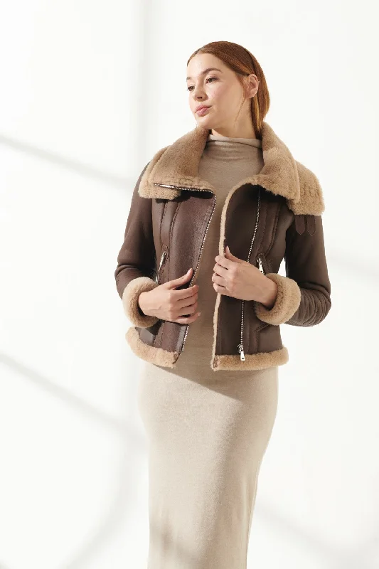 Women's Brown Double Collar Shearling Leather Jacket