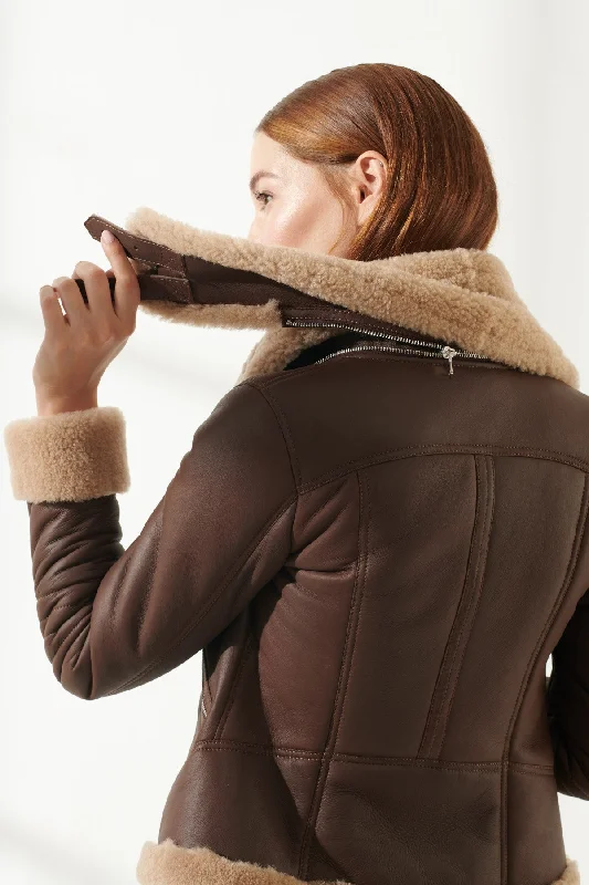 Women's Brown Double Collar Shearling Leather Jacket