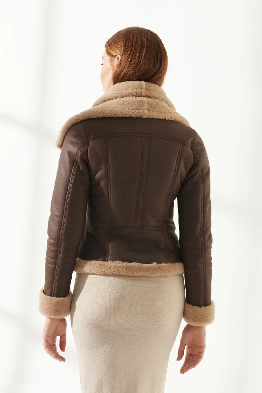 Women's Brown Double Collar Shearling Leather Jacket