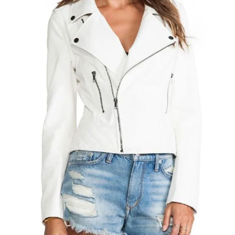 Women's Slim Fit Biker Lambskin White Leather Jacket