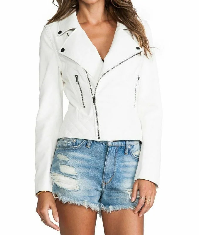 Women's Slim Fit Biker Lambskin White Leather Jacket