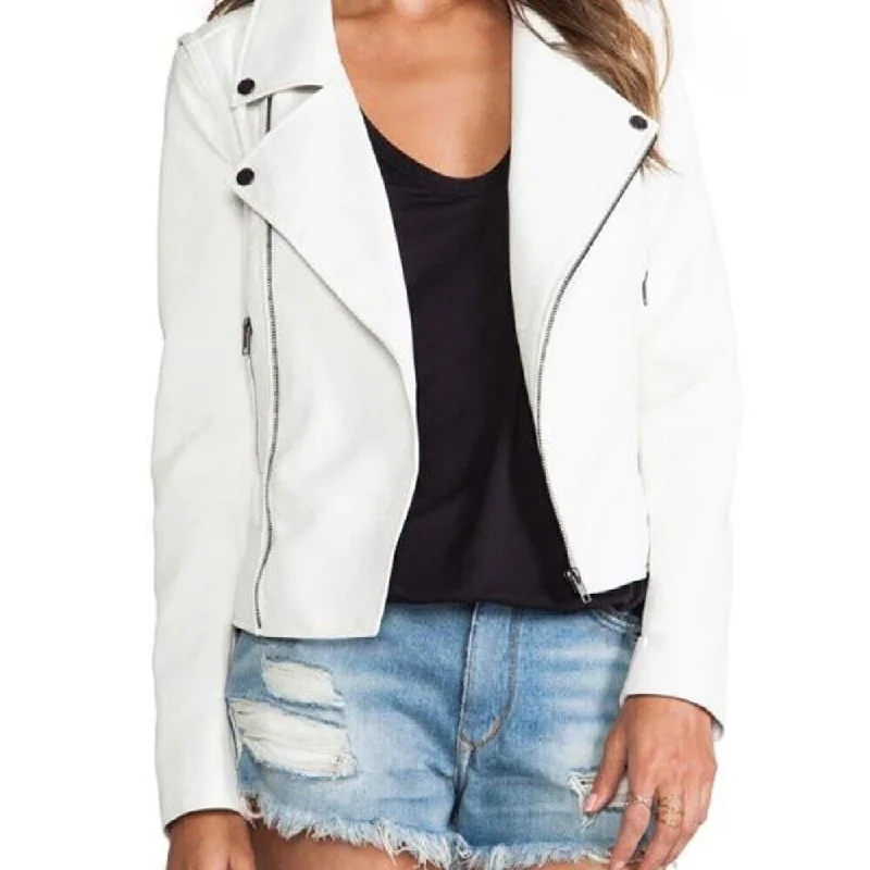 Women's Slim Fit Biker Lambskin White Leather Jacket