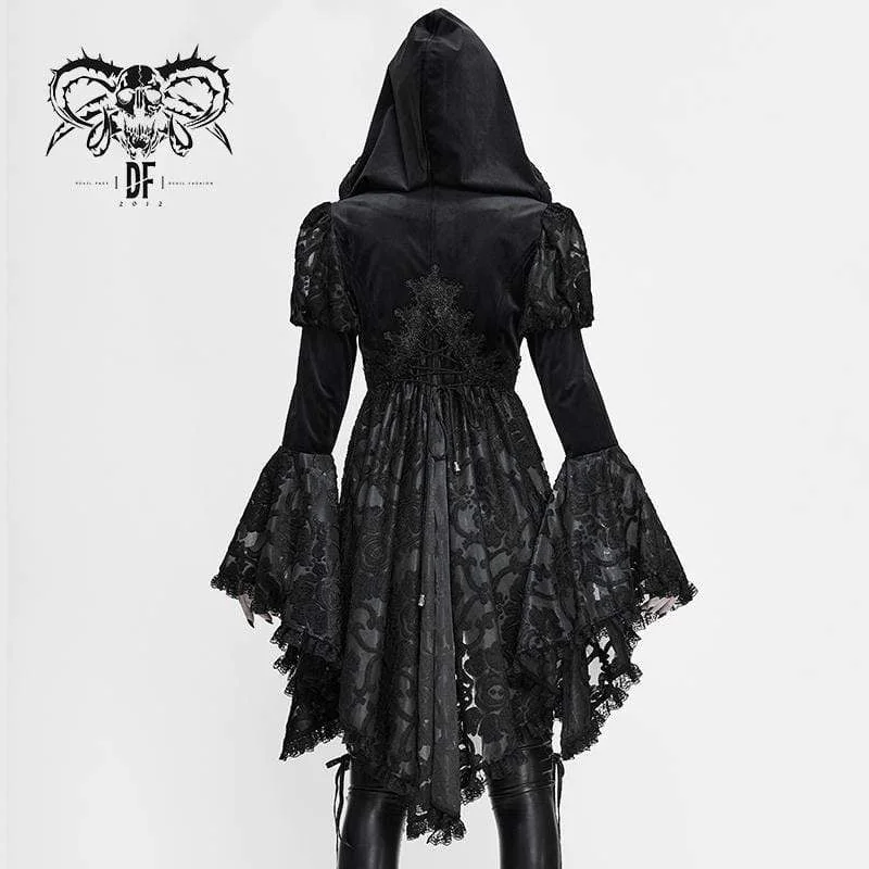 Women's Gothic Flare Sleeve Floral Mesh Jackets With Hood