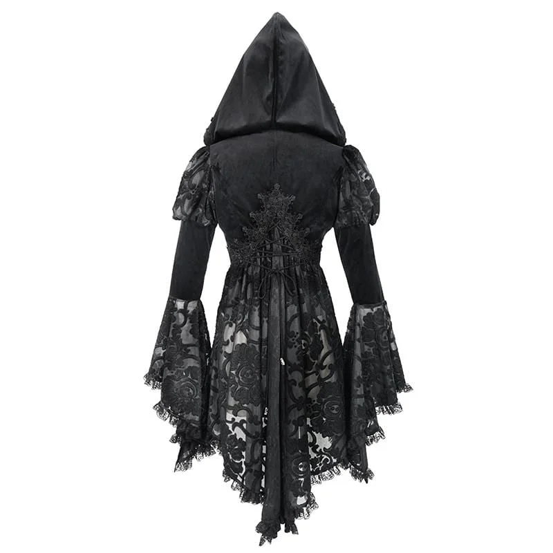 Women's Gothic Flare Sleeve Floral Mesh Jackets With Hood