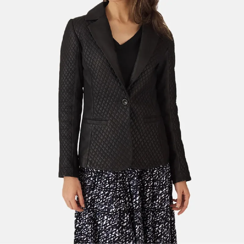 Black Women's Leather Blazer in Notch Collar