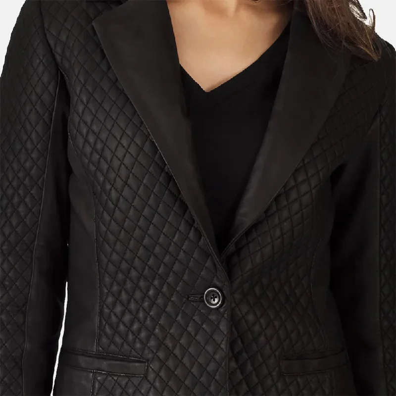 Black Women's Leather Blazer in Notch Collar