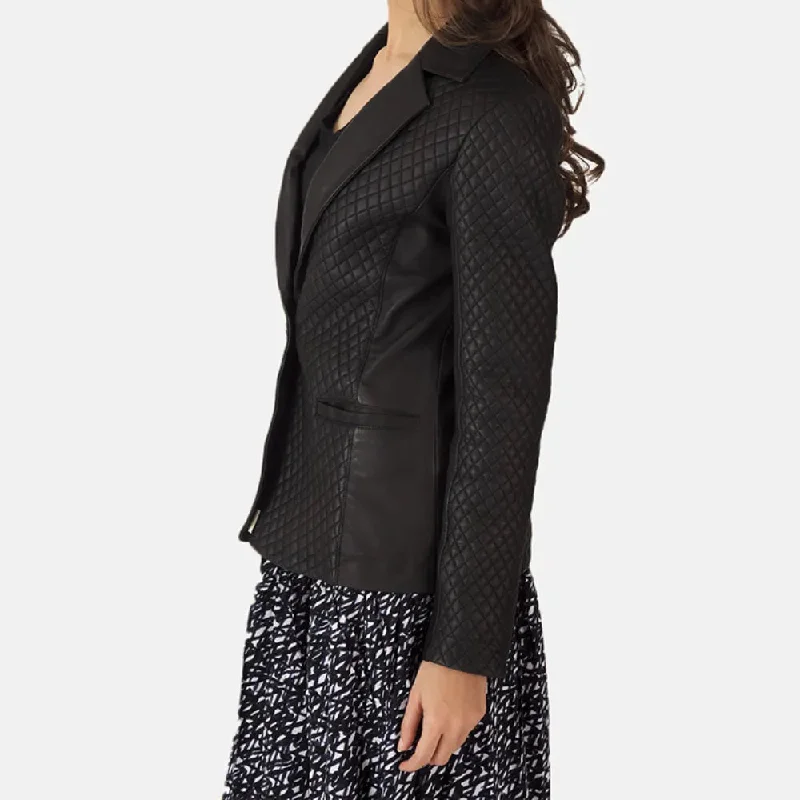 Black Women's Leather Blazer in Notch Collar