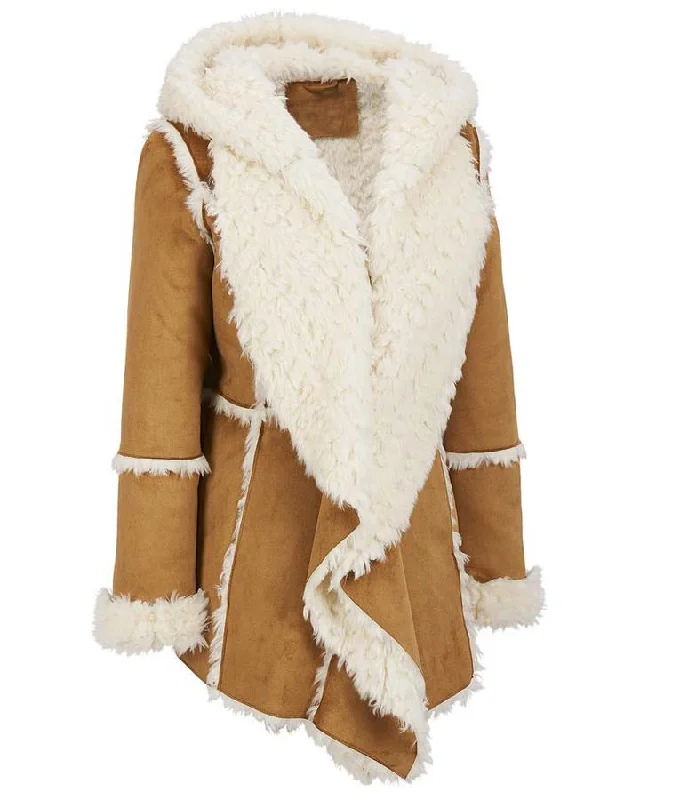 Women's Brown Suede Fur Overcoat With Hood