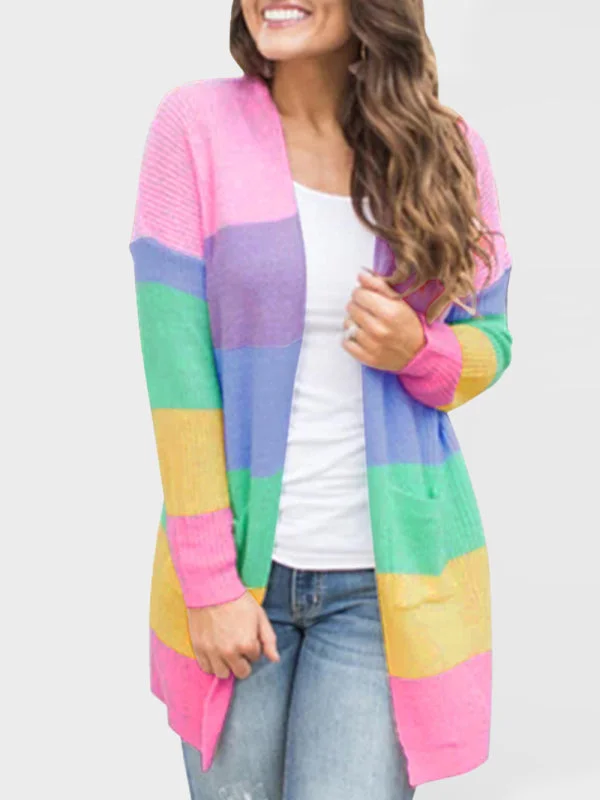 Women's Open Front Longline Cardigan With Contrast Rainbow Pattern