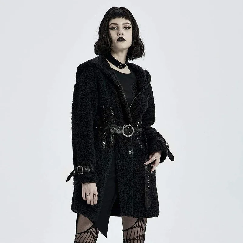 Women's Punk Woolen Hooded Overcoat With Belt