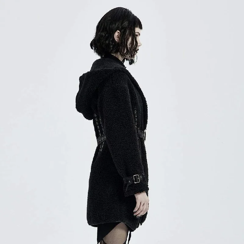 Women's Punk Woolen Hooded Overcoat With Belt